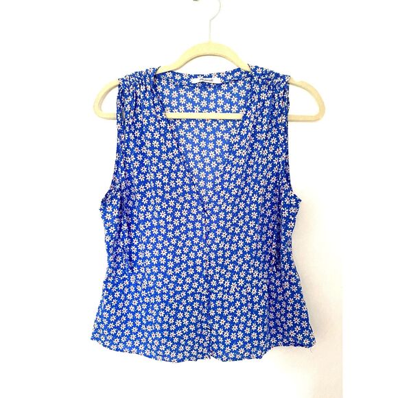 Madewell Bell Blue White Mini Daisy Pattern Tank Top Ruched Shoulder No Sz Tag - Picture 2 of 9